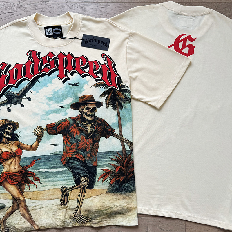 Godspeed Skull Couple Print T-shirt #3152 Apricot