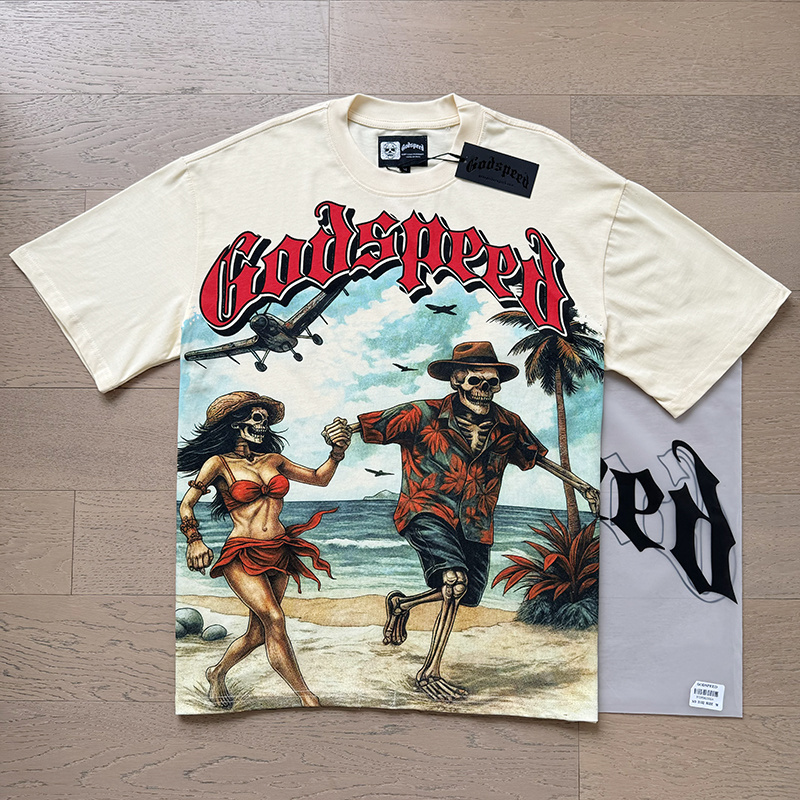 Godspeed Skull Couple Print T-shirt #3152 Apricot