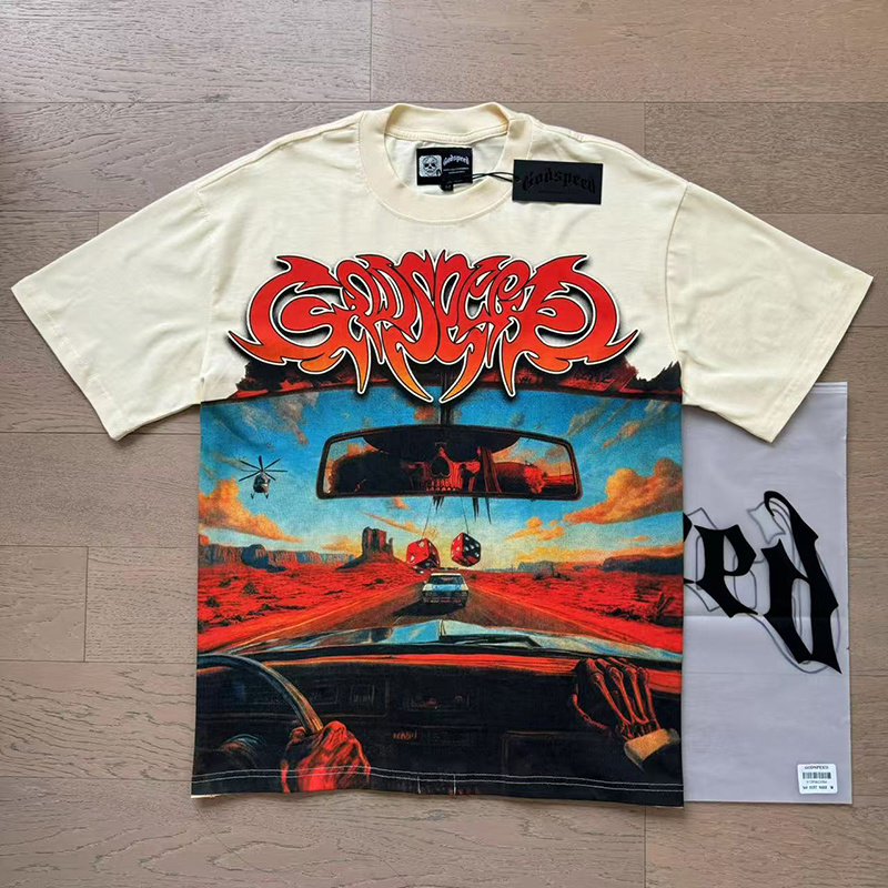 Godspeed Skull Driving Print T-Shirt #3137 Apricot