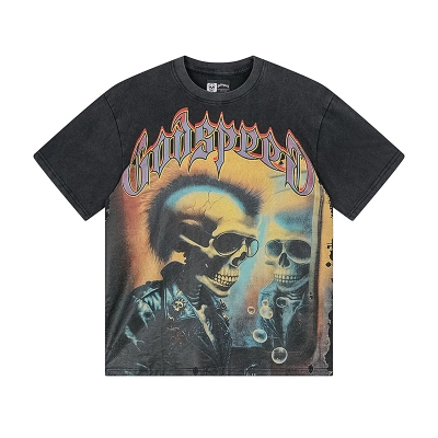 Godspeed Skull Green Bubble Print Cotton T-Shirt #1169 Black 01