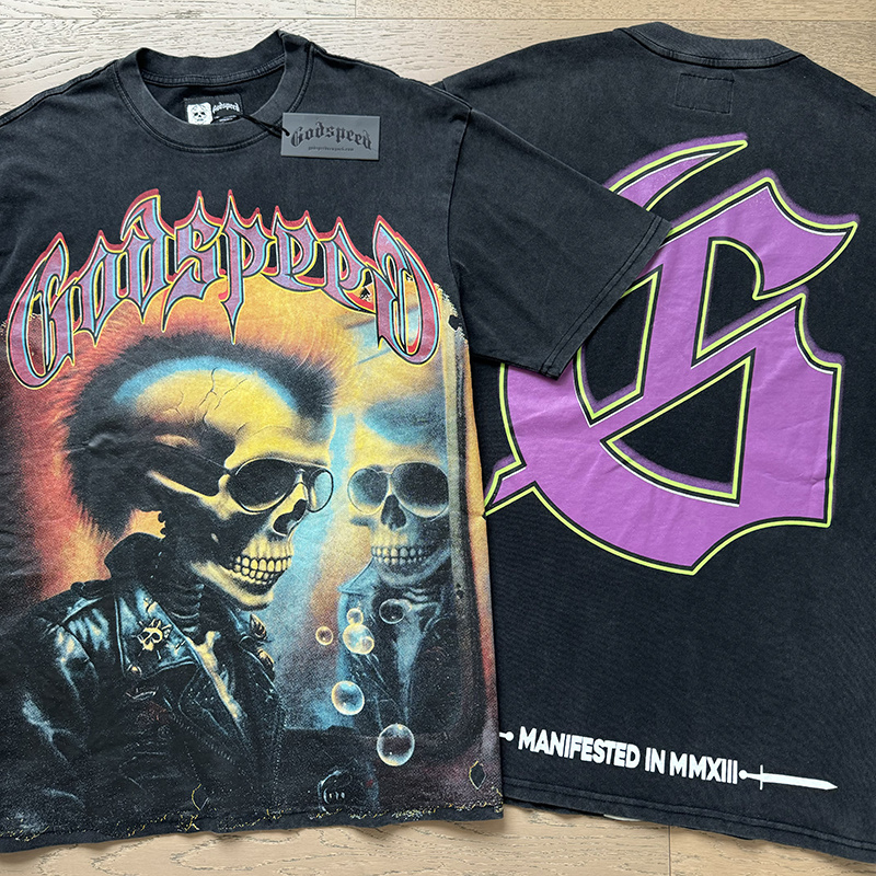 Godspeed Skull Green Bubble Print Cotton T-Shirt #1169 Black