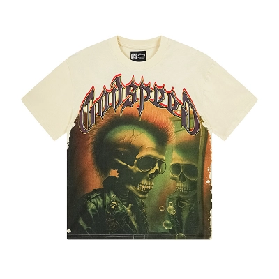 Godspeed Skull Green Bubble Print Cotton T-Shirt #3169 Apricot 01