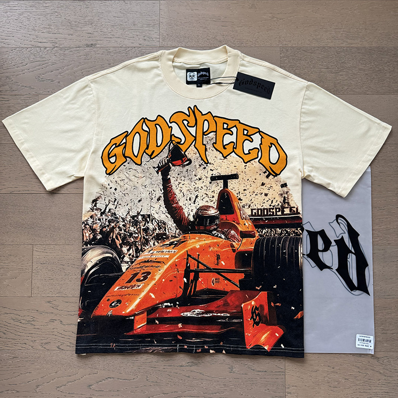 Godspeed Skull Racing Champion Print T-shirt #3131 Apricot