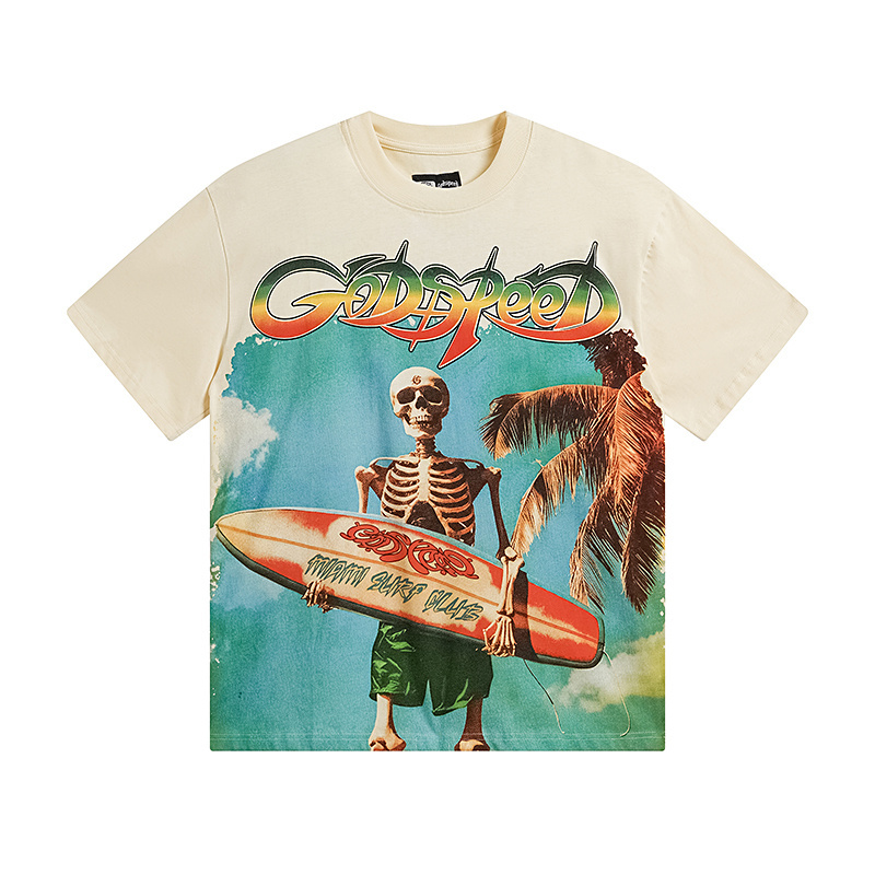 Godspeed Skull Surf Club Print Cotton T-Shirt #3117 Apricot