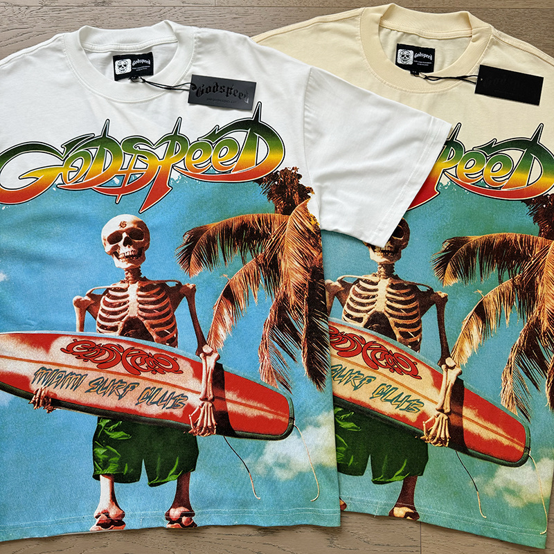 Godspeed Skull Surf Club Print Cotton T-Shirt #3117 Apricot