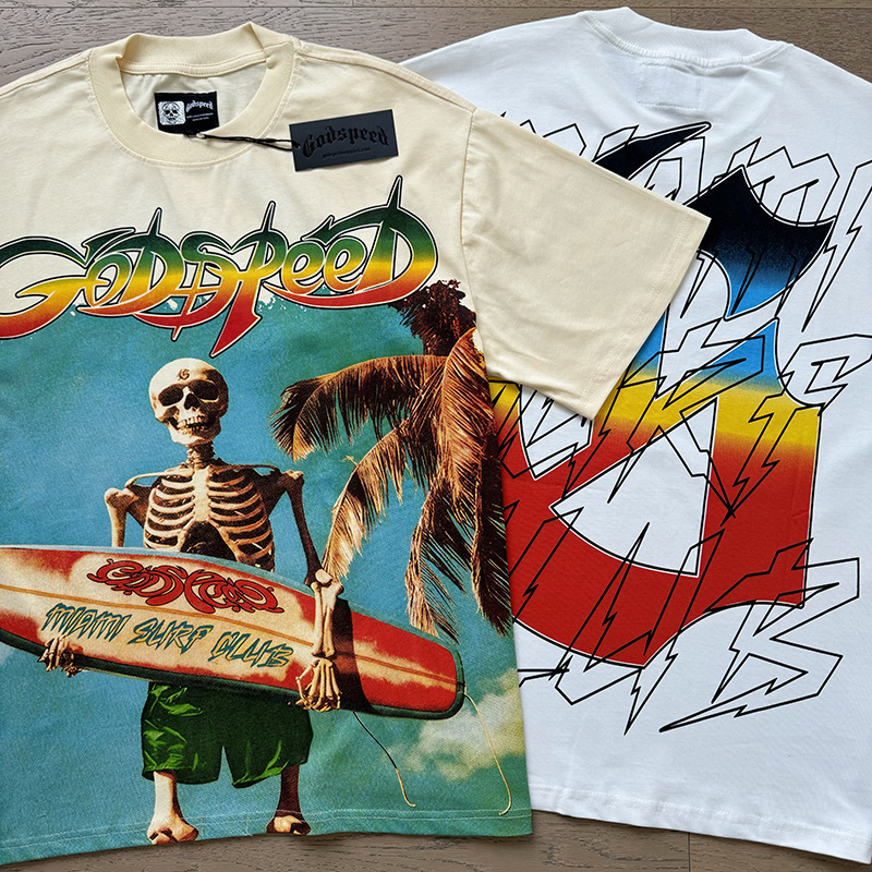 Godspeed Skull Surf Club Print Cotton T-Shirt #3117 Apricot