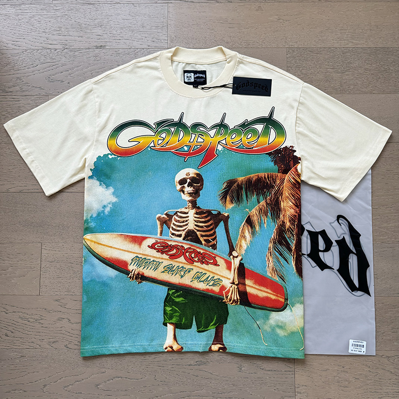 Godspeed Skull Surf Club Print Cotton T-Shirt #3117 Apricot