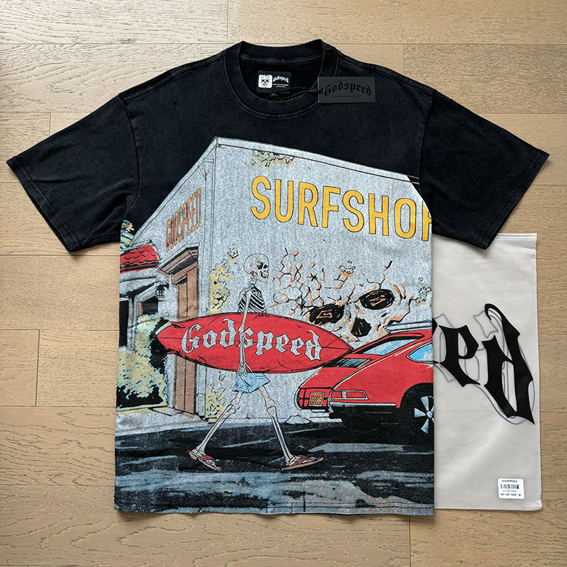 Godspeed Skull Surfboard Print Cotton T-Shirt #1167 Black