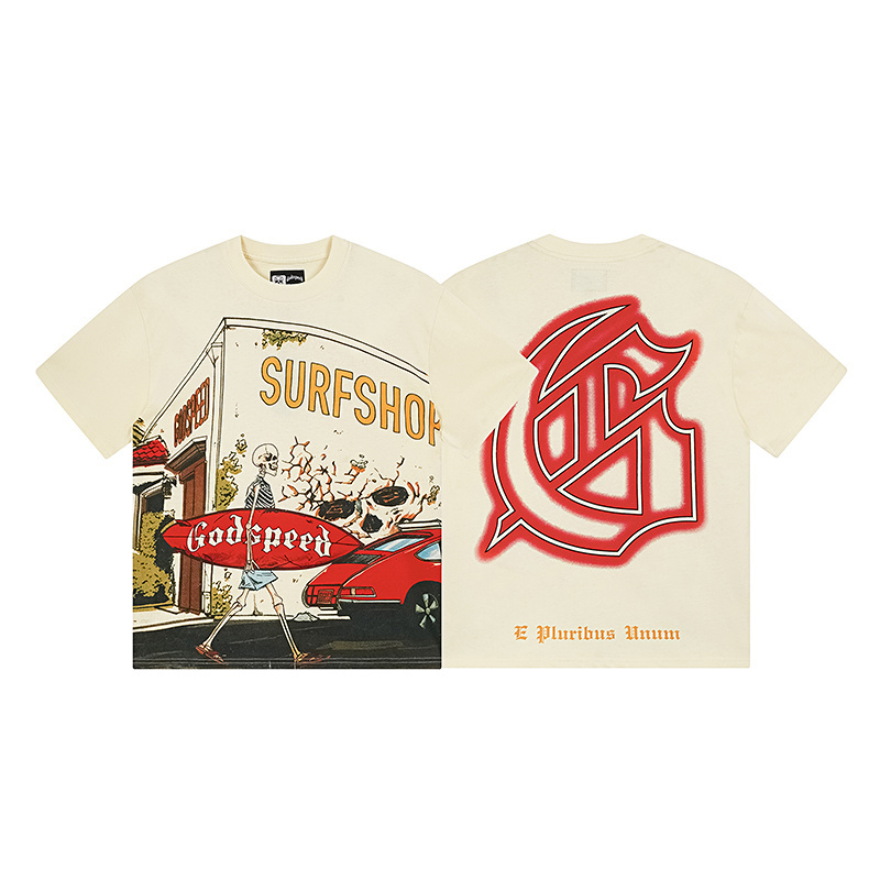 Godspeed Skull Surfboard Print Cotton T-Shirt #3167 Apricot