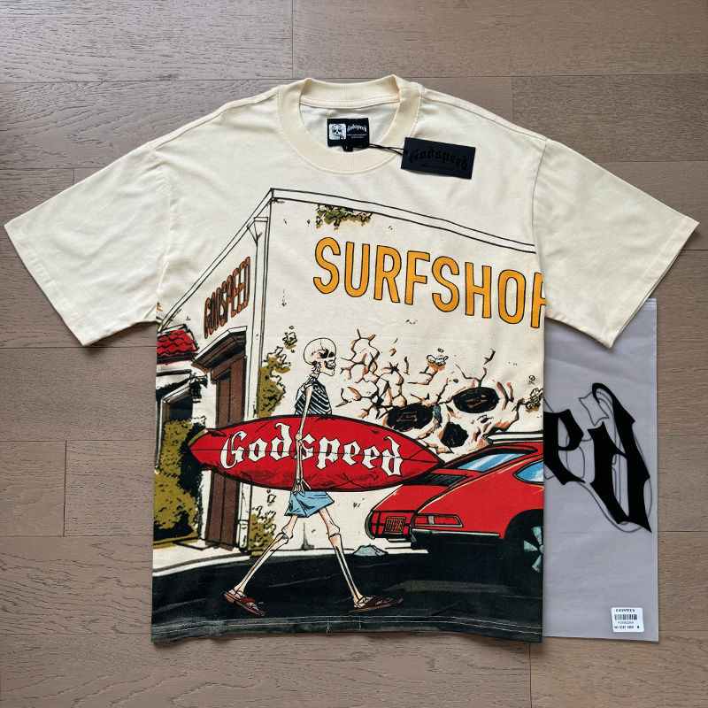 Godspeed Skull Surfboard Print Cotton T-Shirt #3167 Apricot