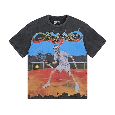 Godspeed Skull Tennis Print Cotton T-Shirt #1170 Black 01