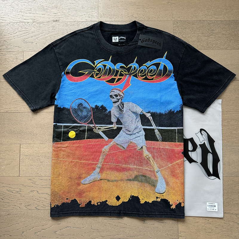 Godspeed Skull Tennis Print Cotton T-Shirt #1170 Black