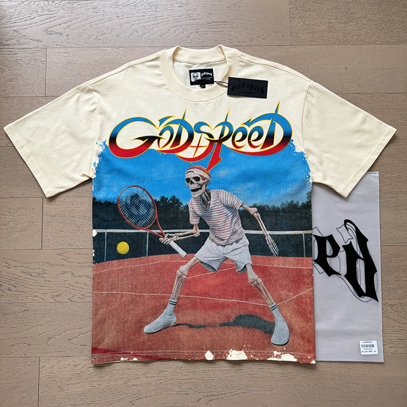 Godspeed Skull Tennis Print Cotton T-Shirt #3170 Apricot