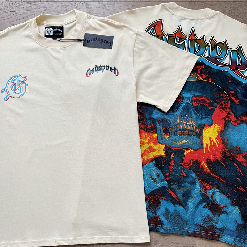 Godspeed Skull Volcano Eruption Print T-shirt #3138 Apricot