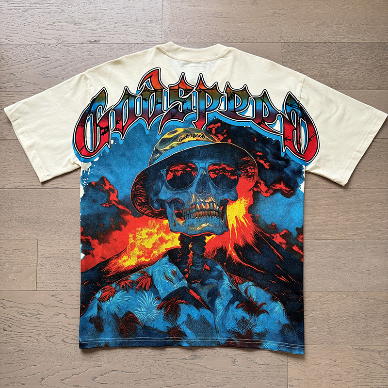 Godspeed Skull Volcano Eruption Print T-shirt #3138 Apricot