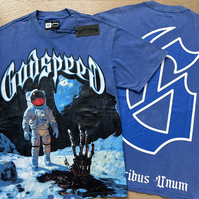 Godspeed Spacesuit Moon Print Cotton T-Shirt #1123 Blue