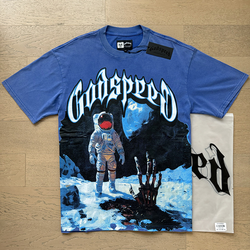 Godspeed Spacesuit Moon Print Cotton T-Shirt #1123 Blue
