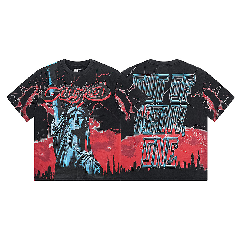 Godspeed Statue of Liberty Lightning Print T-Shirt #1139 Black Red