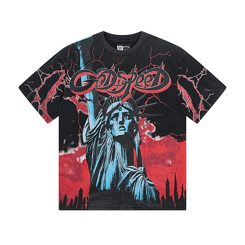 Godspeed Statue of Liberty Lightning Print T-Shirt #1139 Black Red