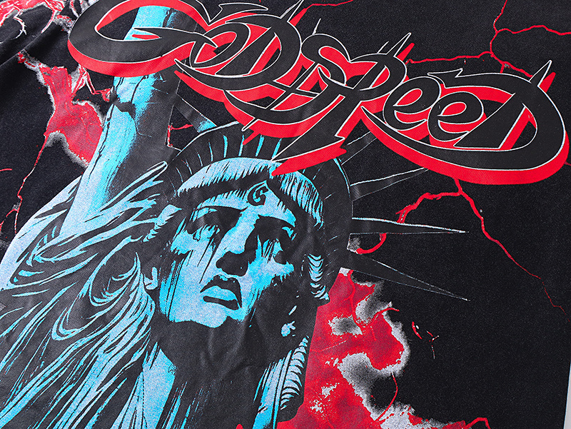 Godspeed Statue of Liberty Lightning Print T-Shirt #1139 Black Red