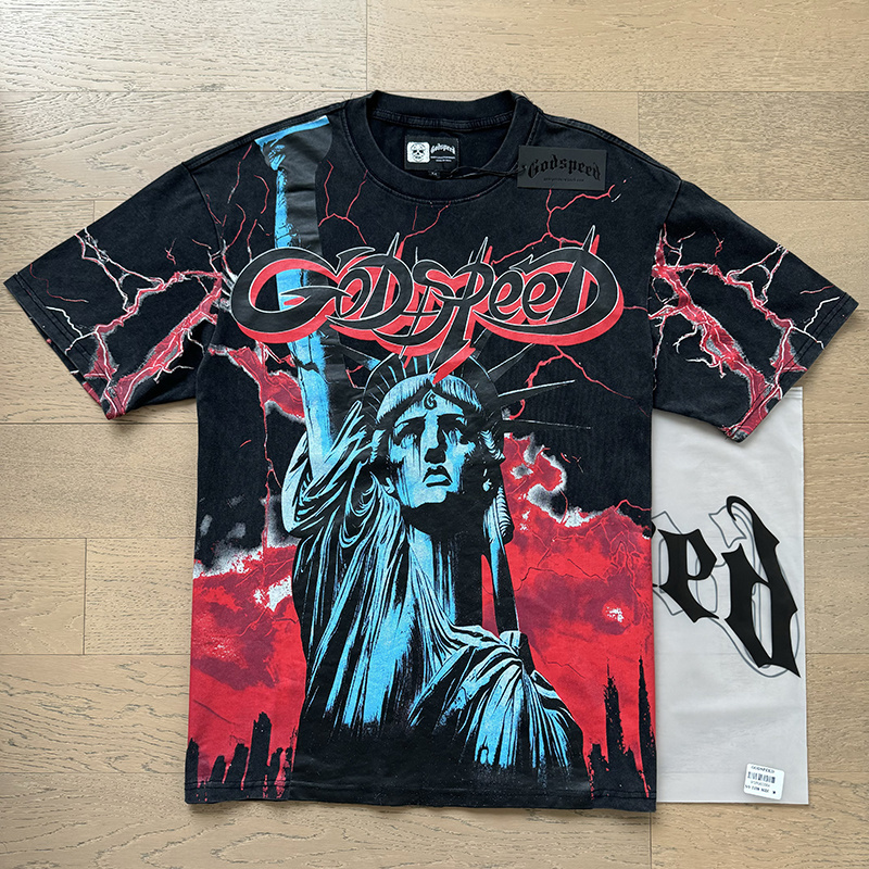 Godspeed Statue of Liberty Lightning Print T-Shirt #1139 Black Red