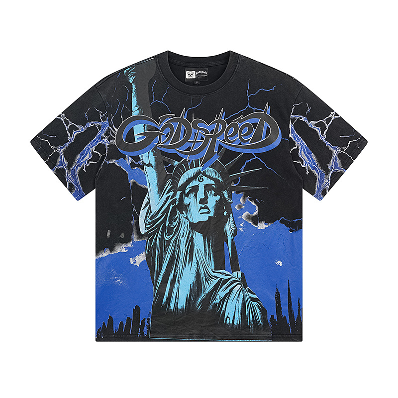 Godspeed Statue of Liberty Lightning Print T-Shirt #1150 Black Blue