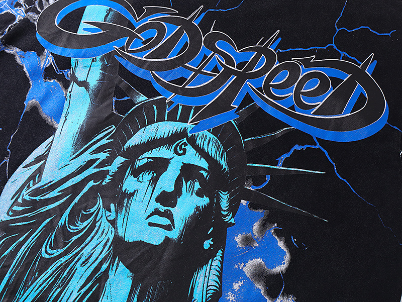 Godspeed Statue of Liberty Lightning Print T-Shirt #1150 Black Blue