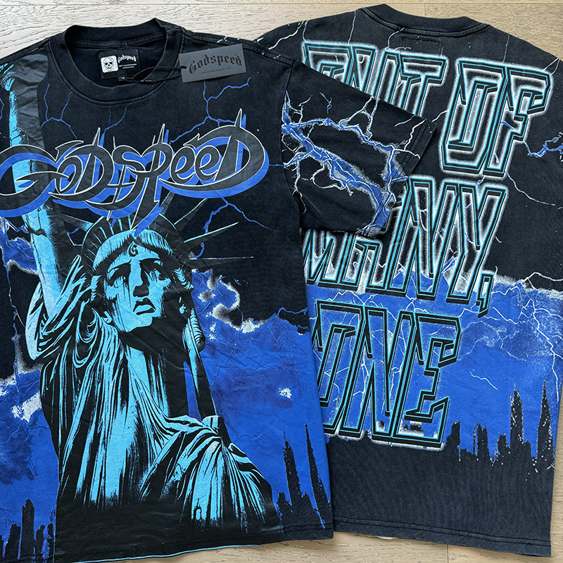 Godspeed Statue of Liberty Lightning Print T-Shirt #1150 Black Blue