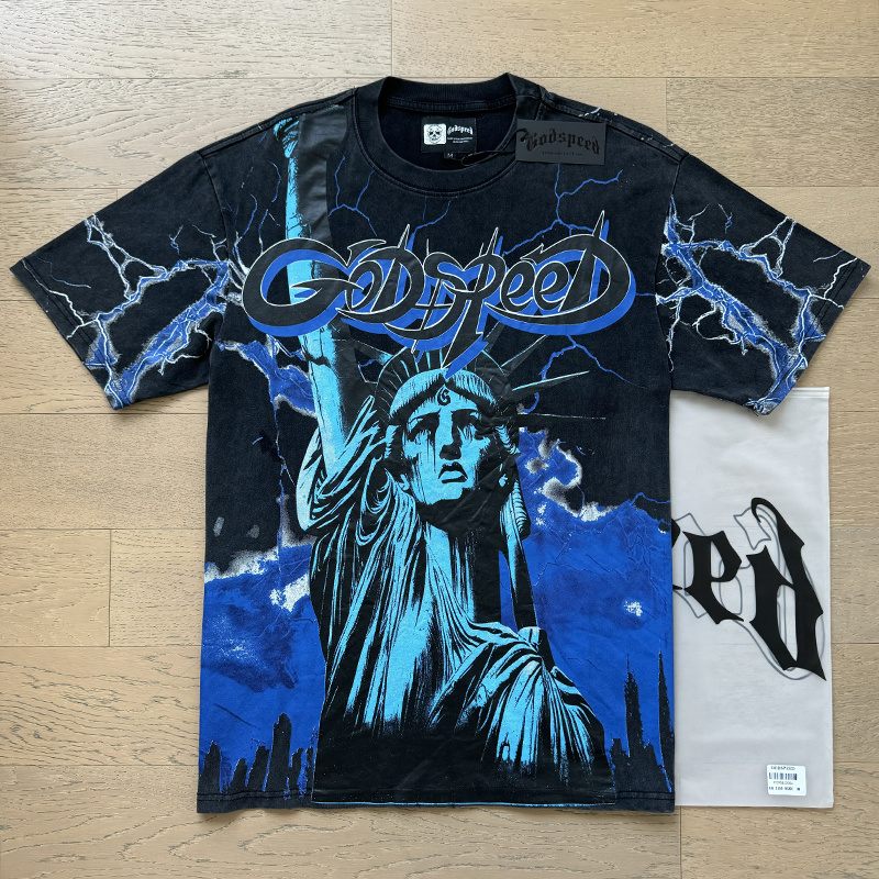 Godspeed Statue of Liberty Lightning Print T-Shirt #1150 Black Blue