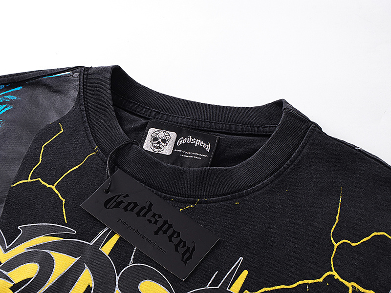 Godspeed Statue of Liberty Lightning Print T-Shirt #1151 Black Yellow