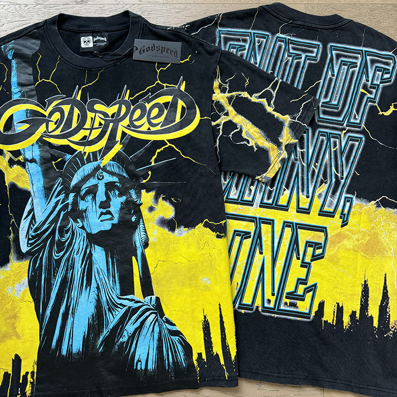 Godspeed Statue of Liberty Lightning Print T-Shirt #1151 Black Yellow