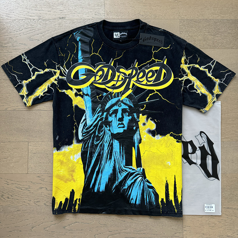Godspeed Statue of Liberty Lightning Print T-Shirt #1151 Black Yellow