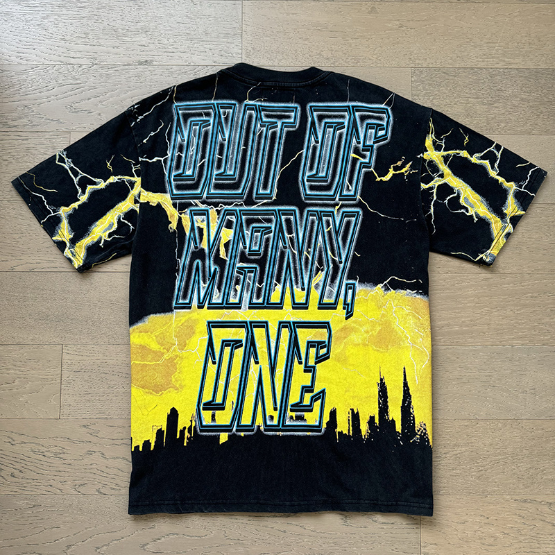 Godspeed Statue of Liberty Lightning Print T-Shirt #1151 Black Yellow