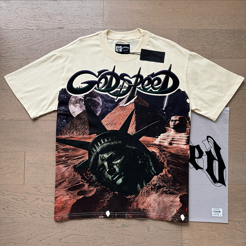 Godspeed Statue of Liberty Pyramid Print Cotton T-Shirt #3168 Apricot