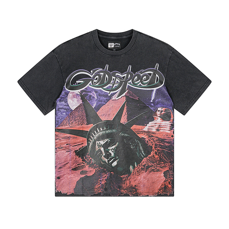 Godspeed Statue of Liberty Pyramid Print Cotton T-Shirt #1168 Black