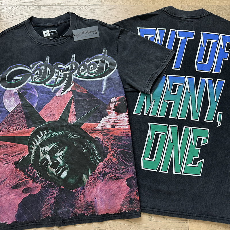 Godspeed Statue of Liberty Pyramid Print Cotton T-Shirt #1168 Black