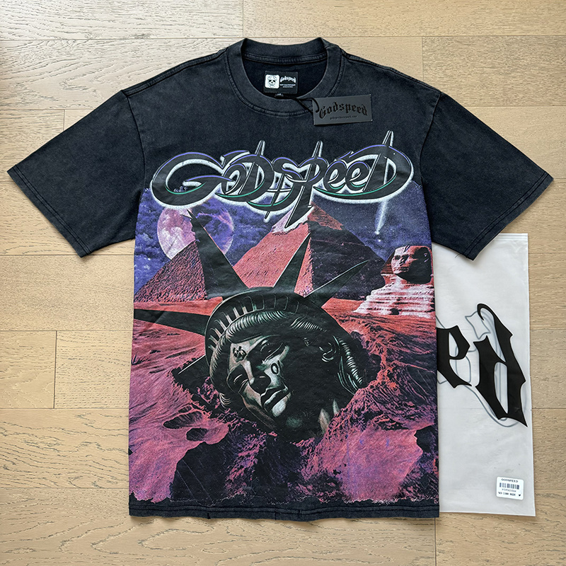 Godspeed Statue of Liberty Pyramid Print Cotton T-Shirt #1168 Black