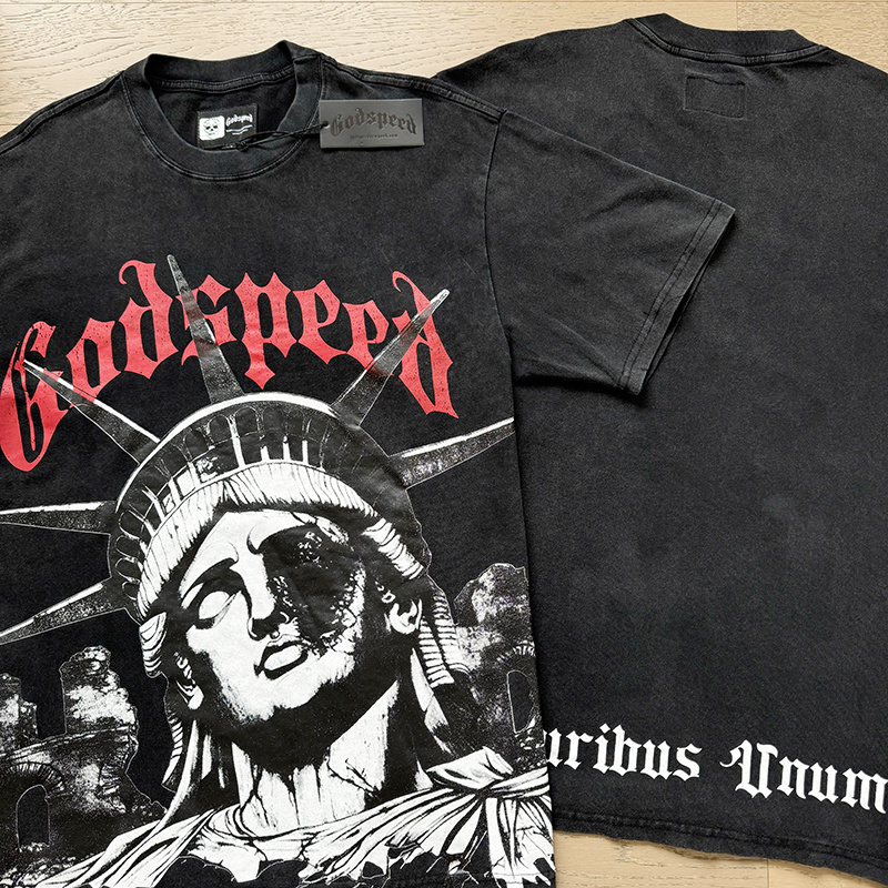 Godspeed Damaged Statue of Liberty Print T-Shirt #1127 Black