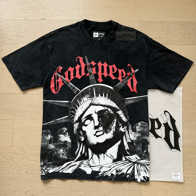 Godspeed Damaged Statue of Liberty Print T-Shirt #1127 Black