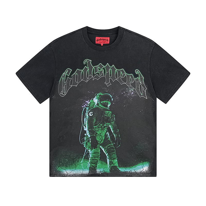 Godspeed Green Light Astronaut Print T-Shirt #1086 Black