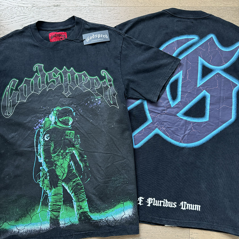 Godspeed Green Light Astronaut Print T-Shirt #1086 Black