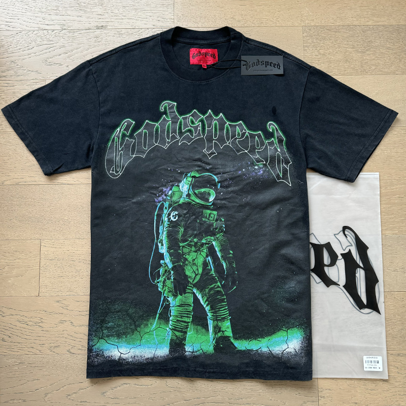 Godspeed Green Light Astronaut Print T-Shirt #1086 Black