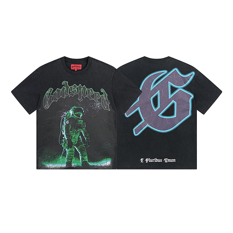 Godspeed Green Light Astronaut Print T-Shirt #1086 Black