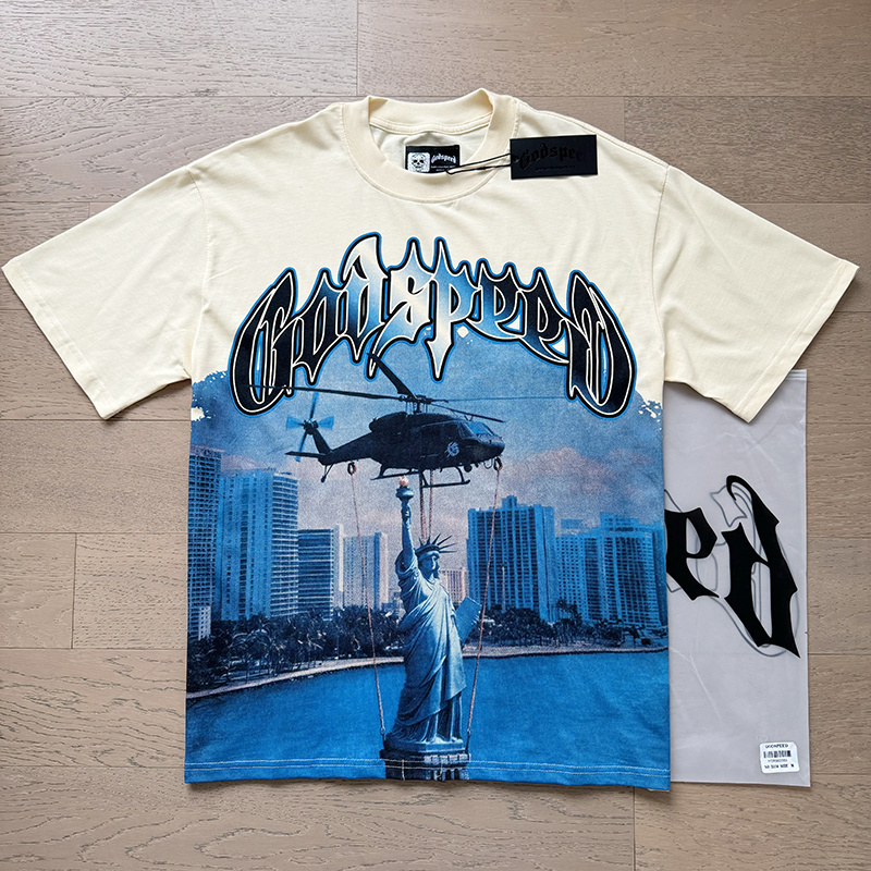 Godspeed Helicopter Statue of Liberty Print T-shirt #1116 Apricot