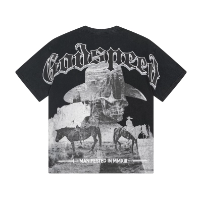 Godspeed Skull Horse Ranch Print T-shirt #1092 Black 01