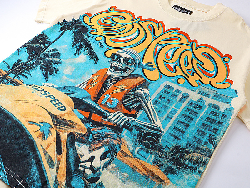 Godspeed Skull Jetboat Print T-Shirt #3111 Apricot