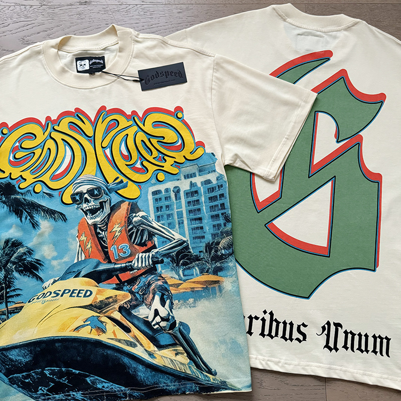 Godspeed Skull Jetboat Print T-Shirt #3111 Apricot