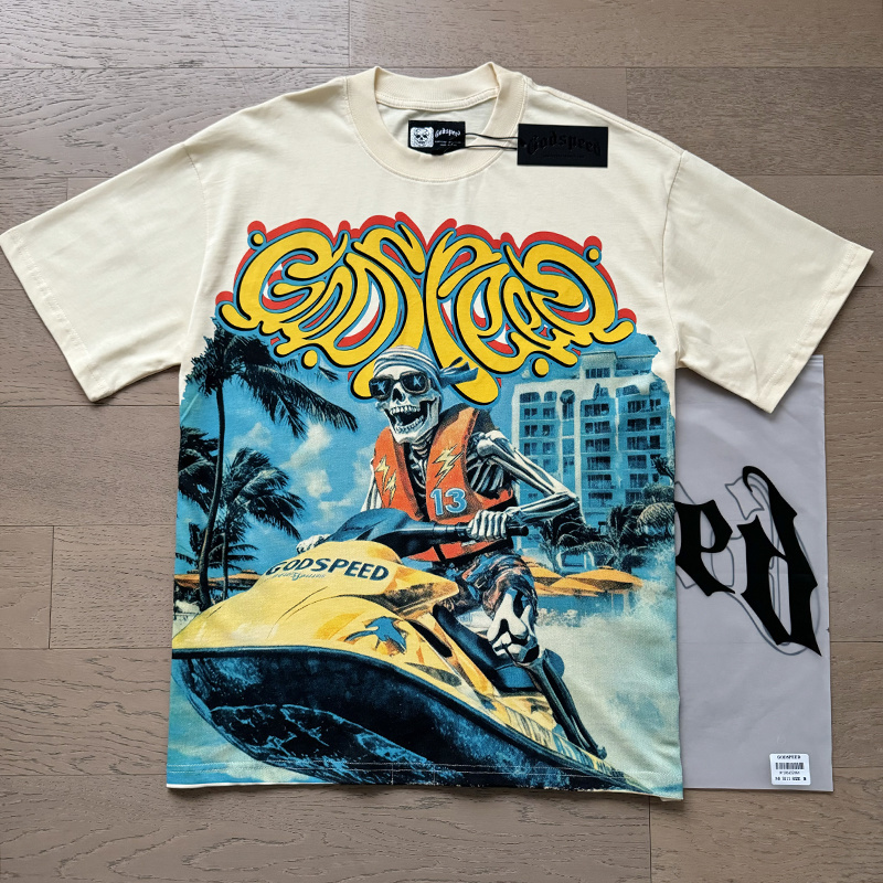 Godspeed Skull Jetboat Print T-Shirt #3111 Apricot