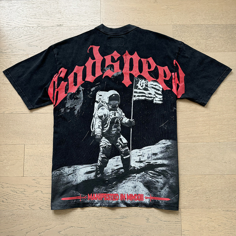 Godspeed Skull Moon Landing Print T-shirt #1082 Black
