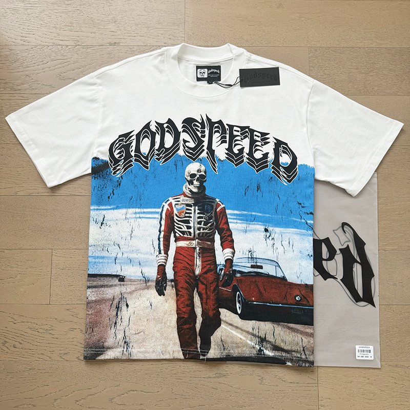 Godspeed Skull Racing Car Print T-Shirt #3087 White